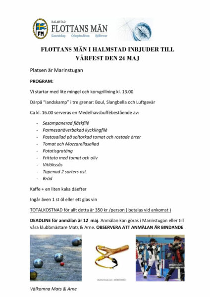 Inbjudan till Vårfest den 24 maj @ Marinstugan